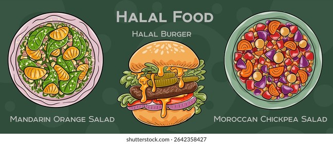 Popular Halal Cuisine Set. Hand-drawn vector illustration on a dark background.