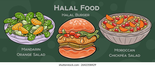 Popular Halal Cuisine Set. Hand-drawn vector illustration on a dark background.