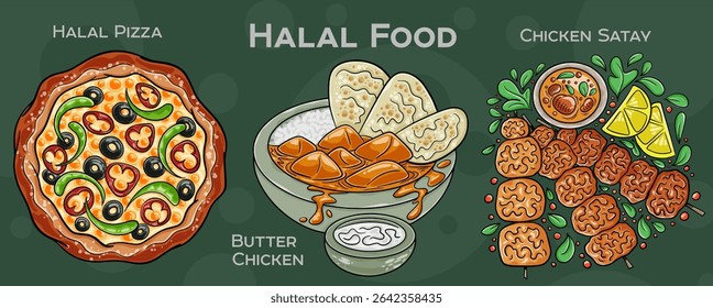 Popular Halal Cuisine Set. Hand-drawn vector illustration on a dark background.