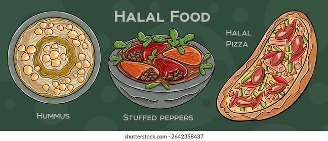 Popular Halal Cuisine Set. Hand-drawn vector illustration on a dark background.