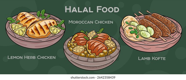 Popular Halal Cuisine Set. Hand-drawn vector illustration on a dark background.