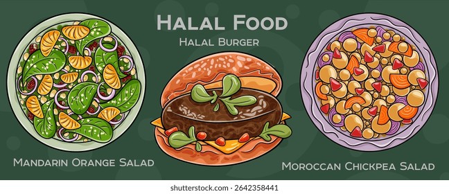 Popular Halal Cuisine Set. Hand-drawn vector illustration on a dark background.