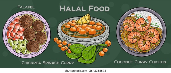 Popular Halal Cuisine Set. Hand-drawn vector illustration on a dark background.