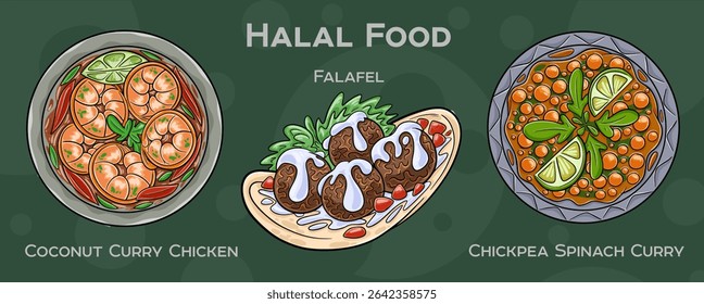 Popular Halal Cuisine Set. Hand-drawn vector illustration on a dark background.
