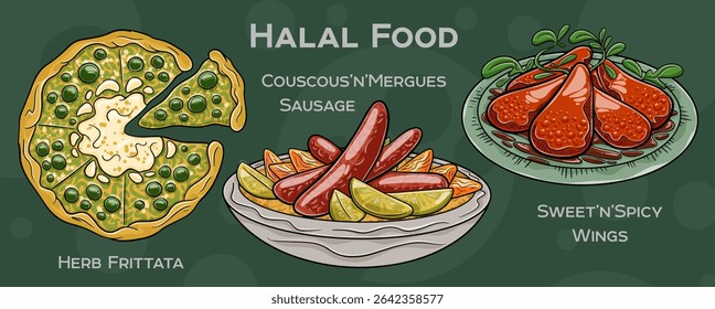 Popular Halal Cuisine Set. Hand-drawn vector illustration on a dark background.