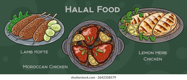 Popular Halal Cuisine Set. Hand-drawn vector illustration on a dark background.