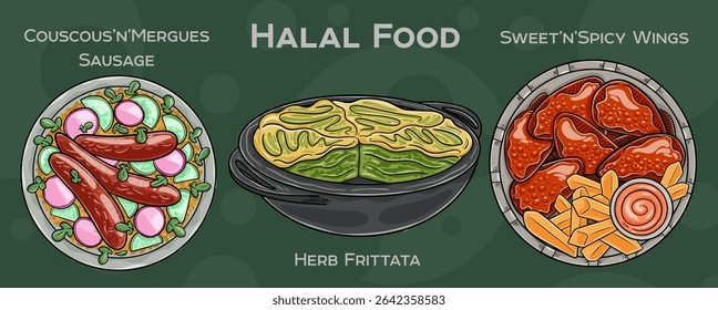 Popular Halal Cuisine Set. Hand-drawn vector illustration on a dark background.