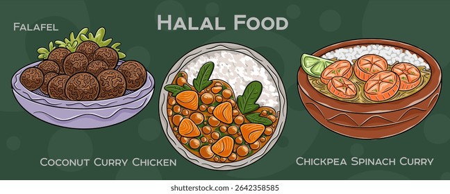 Popular Halal Cuisine Set. Hand-drawn vector illustration on a dark background.