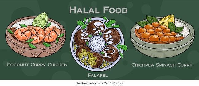 Popular Halal Cuisine Set. Hand-drawn vector illustration on a dark background.