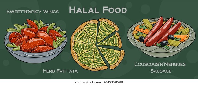 Popular Halal Cuisine Set. Hand-drawn vector illustration on a dark background.