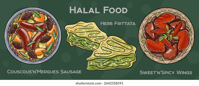 Popular Halal Cuisine Set. Hand-drawn vector illustration on a dark background.