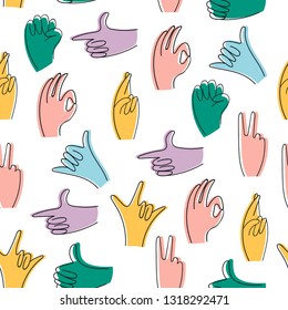 Popular hand gestures. Trendy colored icons collection. Vector illustration. Doodle hand drawn seamless pattern