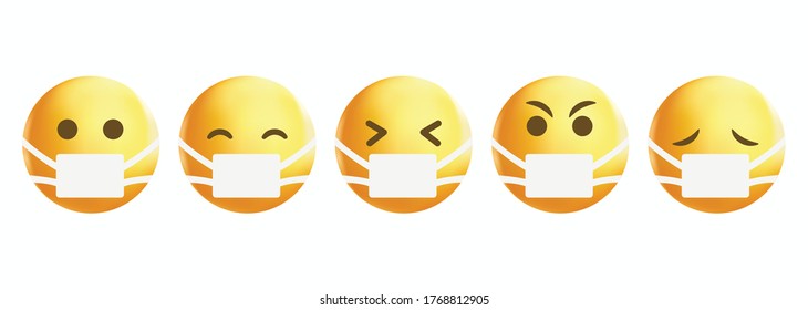 Popular high quality emoticons isolated on a white background.Yellow face with medical masks.Emoji set with different expressions.Emoticon vector.Mask emoji.