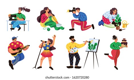 Popular hobbies 8 flat colorful characters enjoying knitting sewing singing cooking drawing gardening playing guitar vector illustration 