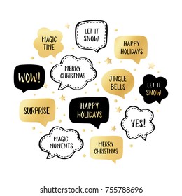 Popular holiday speech bubbles set with christmas greetings: merry christmas, happy holiday, let it snow etc. Vector gold and black illustration in circle with gold stars