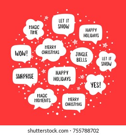 Popular holiday speech bubbles set with christmas greetings: merry christmas, happy holiday, let it snow etc. Vector illustration in circle on red background