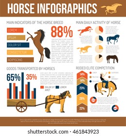 Popular horse breeds infographic poster with characteristics uses statistic charts and care information abstract flat vector illustration  