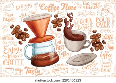 Popular iconic doodle cartoon coffee shop icons. vector outline hand drawn for coffee and bakery for cafe menu, including supply item and equipment isolated on white background.