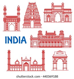 Popular indian architecture landmarks icon with red thin line symbols of India Gate and Meenakshi temple, Gateway of India and Jama Masjid mosque, Charminar and Chowmahalla palace