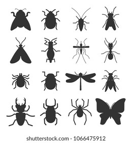 Popular insects silhouette icons isolated on white background. Vector illustration