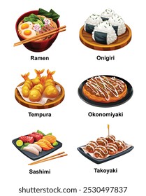 Comidas japonesas populares, incluindo ramen, tempura e takoyaki. Ilustração de desenho animado vetorial