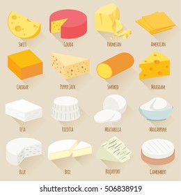 Popular kind of cheese. Flat design vector icon set.