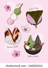 Popular kind of sweets Japanese set. Dango, Sakura mochi, Strawberry daifuku and anmitsu. hand draw sketch vector.