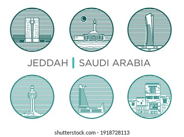 Popular landmarks of Jeddah, Saudi arabia in circular outline style