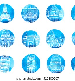 Popular landmarks of the world, vector illustration with famous buildings on blue watercolor stains