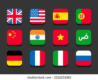 Popular languages icon set. Country flags in simple flat vector style. 