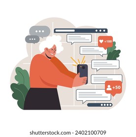 Popular in Love: Senior gentleman catching waves of admiration and likes on a dating app, showcasing the zest for modern romance and the power of connection. Flat vector illustration.