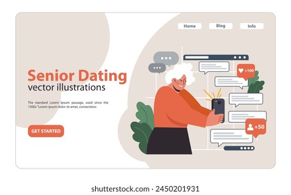 Popular in Love: Senior gentleman catching waves of admiration and likes on a dating app, showcasing the zest for modern romance and the power of connection. Flat vector illustration.