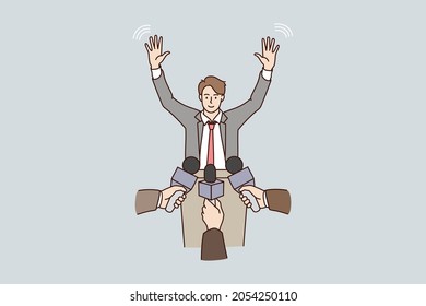 Popular Male Politician Give Live Interview Talk Speak In Journalist Microphone At Meeting. Smiling Man Have Live Streaming Or Broadcasting On TV News Chat With Reporters. Flat Vector Illustration. 