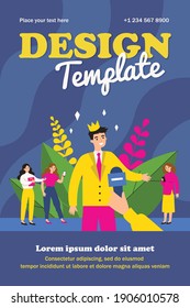 Popular man in crown giving interview. Celebrity, microphone, hand flat vector illustration. Popularity and fame concept for banner, website design or landing web page
