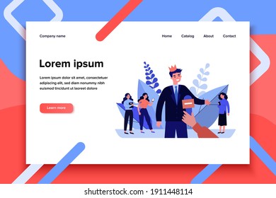 Popular man in crown giving interview. Celebrity, microphone, hand flat vector illustration. Popularity and fame concept for banner, website design or landing web page