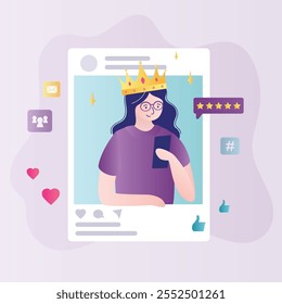 Blogueiro de mídia popular cria conteúdo interessante. Pessoa muito importante na coroa com revisão de cinco estrelas e alto ranking. Influenciador de mídias sociais com telefone celular no trabalho. Ilustração de vetor plano