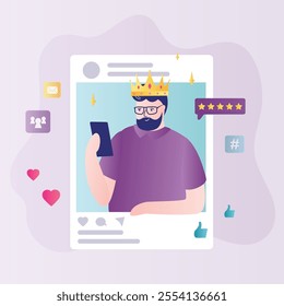 Popular media blogger creates interesting content. Very important person in crown with five stars review and high ranking. Social media influencer with mobile phone at work. Flat vector illustration