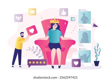 Popular media blogger creates interesting content. Very important person in crown sitting on throne, five stars review and high ranking. Successful social media influencer, follower give like. vector