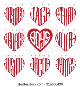 Popular Men's Names Jayden, Jack, Ethan, George, Noah, Joshua, Jacob, James In The Shape Of A Heart. Vector Hand Drawn Illustration. Original Lettering.