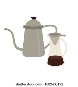 Popular Methods for Brewing Coffee at Home. Vector illustration of metal coffee kettle and pour over brewer. Hand-drawn coffee makers set isolated on white background. 