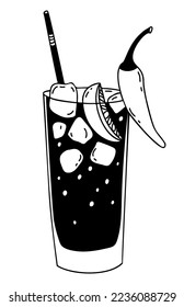 Popular Mexican cocktail Vampiro. Alcoholic drink with tequila, ice cubes, lime pieces and chili pepper. Vector hand drawing in doodle style. Latin American traditions and Halloween cocktail