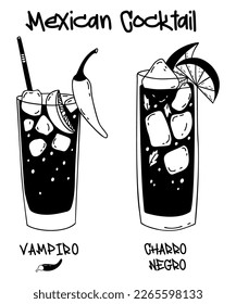 Popular Mexican cocktail Vampiro and Charro Negro. Two glasses with alcoholic Latin American drinks with ice cubes and lime and chili. Vector hand drawing doodles. isolate on white background