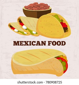 Popular mexican food burito and dinner on grunge background. Mexican dinner and lunch, spicy and burrito. Vector illustration
