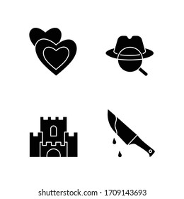 Popular movie types black glyph icons set on white space. Romantic films, detective mystery, fantasy and thriller silhouette symbols. Different cinematography genres. Vector isolated illustration