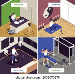 Popular music blogger live streaming relaxation yoga sport fitness vloggers and news presenter isometric compositions vector illustration