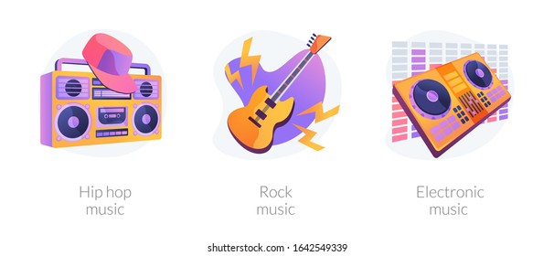 Popular music styles, retro directions. Rock n roll and 80s style disco party. Hip hop music, rock music, electronic music metaphors. Vector isolated concept metaphor illustrations.