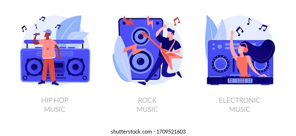 Popular music styles, retro directions. Rock n roll and 80s style disco party. Hip hop music, rock music, electronic music metaphors. Vector isolated concept metaphor illustrations.