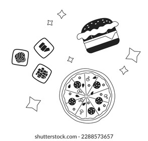 Popular orders at fast food chain monochrome concept vector spot illustration. Editable 2D flat bw cartoon composition for web UI design. Creative linear hero image for landings, mobile headers