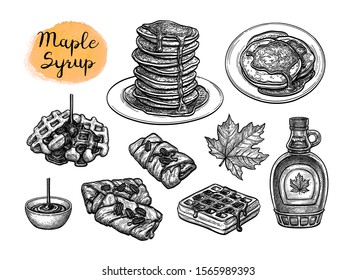 Popular pastries with maple syrup topping. Collection of ink sketches isolated on white background. Hand drawn vector illustration. Retro style.