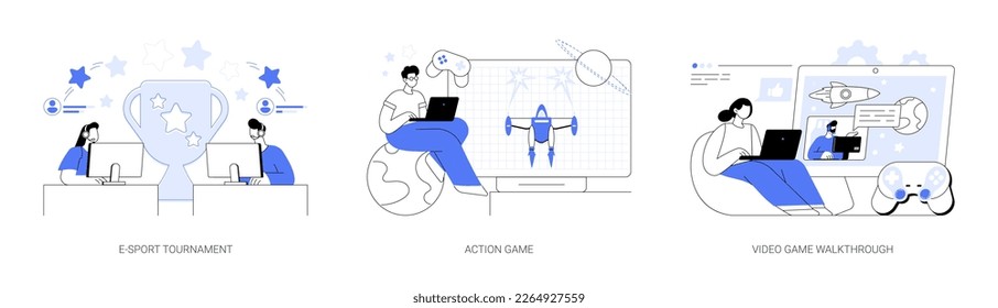 Popular pc game abstract concept vector illustration set. E-sport tournament, action game, video game walkthrough, gaming stream, console playing, online battle arena, e-sport fan abstract metaphor.